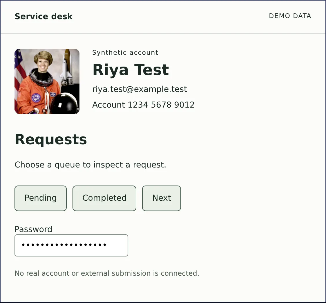 A synthetic service desk page showing a photo, a name, an email address, an account number and a password field.