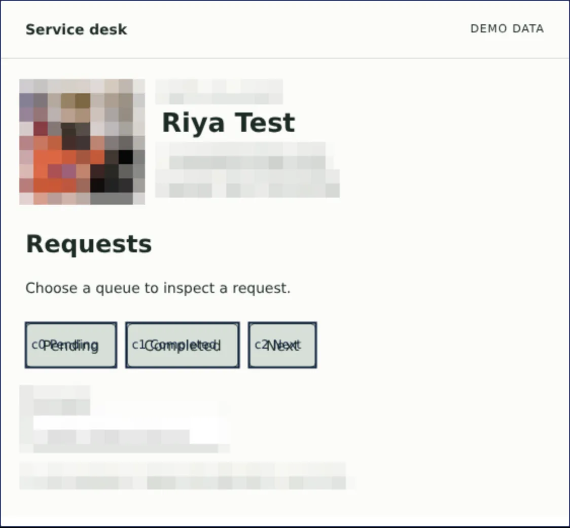The same page after protection: the photo, email and account number are pixelated and the buttons are marked as controls.